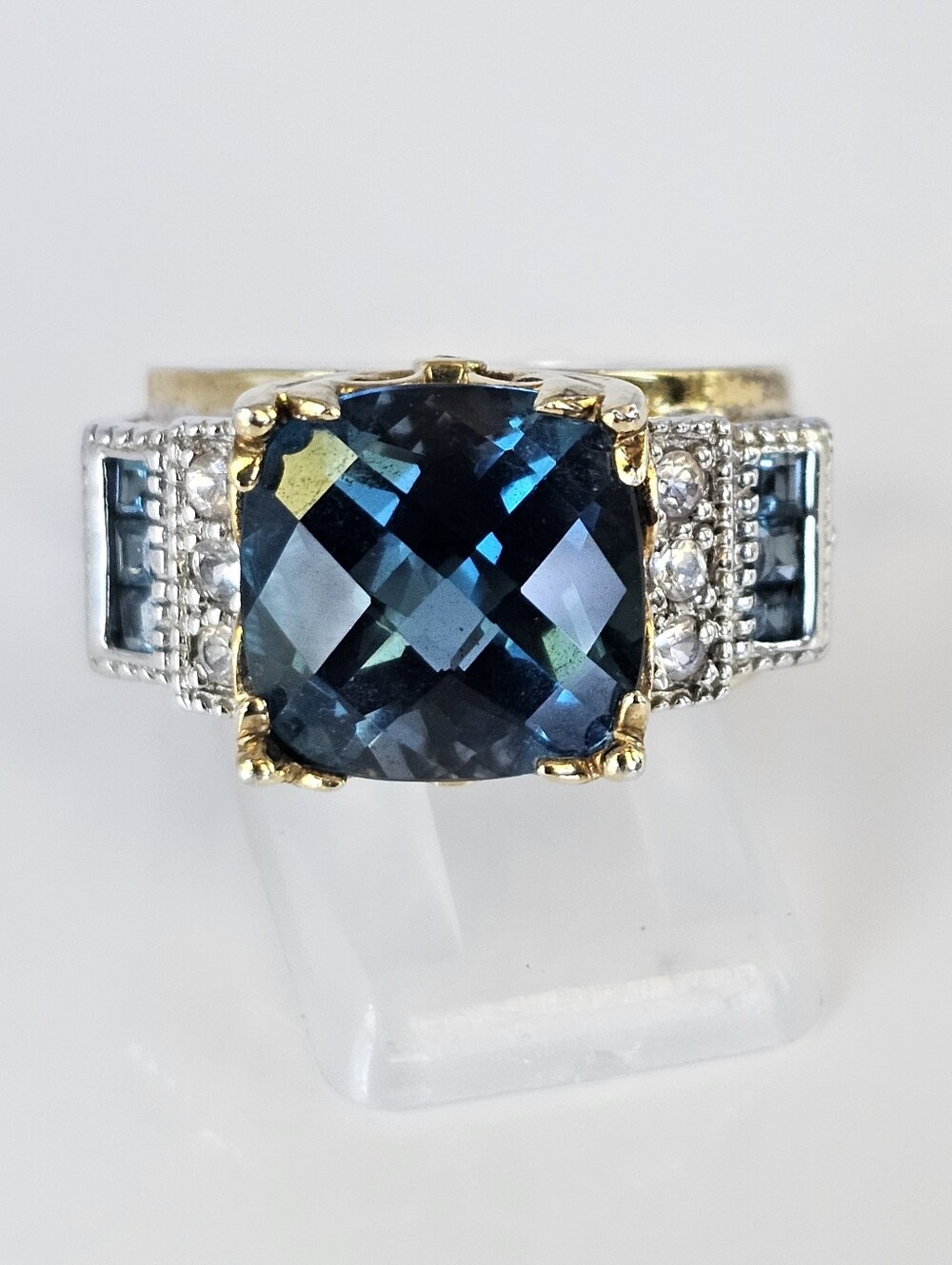 Rare Retired London Blue Topaz & Zircon Ring Palladium Sterling Silver 18K Sz 9